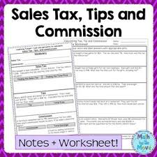Percents Sales Tax Tips And Commission Notes And Worksheet Money Math Worksheets Money Math Money Worksheets