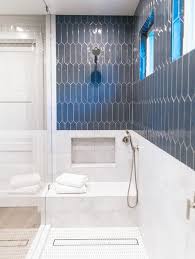 Slate Blue Picket Tiles On Shower Walls Transitional Bathroom In 2020 Tile Accent Wall Bathroom Shower Wall Tile Shower Niche