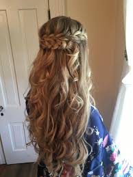 Take the top middle hair and weave them into a reverse french braid. Half Up Half Down Up Do Braid Curls Wedding Hairstyles Long Hair Curled Hair With Braid Braids With Curls Long Hair Styles