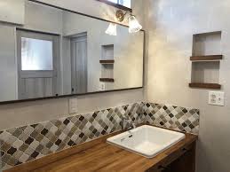 宮城県石巻市の工務店 あすなろ工房 自然素材の家づくり コラベルタイル 造作 洗面台 洗面所 おしゃれ