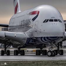 stripes reflect on this british airways a380 aviation aircraft airplane flying