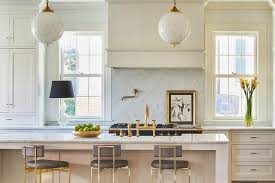 Long Cream Kitchen Island With Gold And Gray Counter Stools Transitional Kitchen Home Cream Kitchen Home Decor