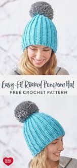 Easy Fit Ribbed Pompom Hat Free Crochet Pattern In Red Heart Super Saver Chunky Yarn Show Easy Crochet Hat Patterns Easy Crochet Hat Crochet Hats Free Pattern