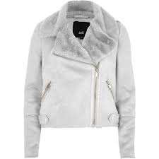 River Island Grey Faux Shearling Biker Jacket 136 Liked On Polyvore Featuring Outerwear Jackets Grey Faux Shearling Jacket Jackets Coats Jackets Women