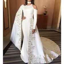 White Prom Dresses 2020 Crew Neckline Embroidery Mermaid Court Train Evening Dresses Vestidos De Fiesta African Prom Dresses Evening Dresses With Sleeves Long Sleeve Evening Dresses