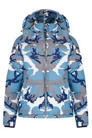 Ice Blue Camouflage Quilted Puffer Jacket With Removable Hood Fleece Lined Collar Branded Buttons Single Zip Closu Camo Puffer Jacket Jackets Puffer Jackets