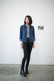 Black Boots With Blue Jeans Womens Women S Navy Denim Jacket Grey Crew Neck T Shirt Black Skinny Jeans Black Leather Lace Up Flat Boots Korean Fashion Fashion Ulzzang Fashion