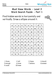 Addition puzzles in crossword format. Word Search Puzzle 100 Must Know Words For 3rd Grade Free Printable