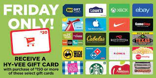 May 31, 2021 · to get a gift card, the vaccination must be done between june 1 and nov. Hy Vee On Twitter Don T Miss Our Black Friday Gift Card Sale Receive A 20 Hy Vee Gift Card With The Purchase Of 150 Or More Of Select Gift Cards Limit 1 Reward Per