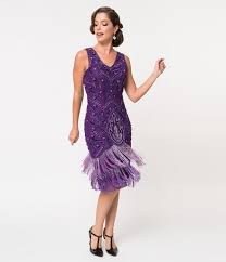 1920s Style Purple Beaded Fringe Sleeveless Hollywood Cocktail Dress Vintage Inspired Outfits Vintage Inspired Dresses Purple Flapper Dress