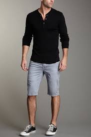 Black And White Shorts Outfit Men Men S Black Henley Shirt Grey Shorts Black And White Low Top Sneakers Black Outfit Men Mens Fashion Casual Mens Outfits