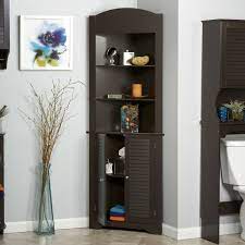 This bathroom storage cabinet features multiple shelves to store all your essentials: Espresso Bathroom Linen Tower Corner Towel Storage Cabinet With 3 Open Shelves Pictured Overstock 30677590
