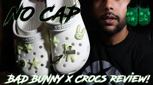 A nod to the puerto rican singer's latest album, yhlqmdlg, these crocs glow in the dark and come with jibbitz inspired by bad bunny's music. Bad Bunny X Crocs In Hand Review No Cap Youtube