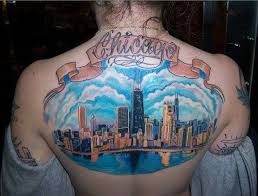 Beautiful Tattoo Year Of The Chicago Skyline On This Individual Back Big Tattoo I Don T Know If I Would Go This Far A Tattoos Back Tattoo Single Needle Tattoo