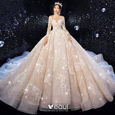 Bohemian lace wedding dress in ball gown shape with illusion sweetheart neckline and keyhole open back featuring flowy ball gown skirt has overlay of soft double layer tulle embellished by scalloped lace trim at the bottom shop policies for lacemarry. Luxury Gorgeous Champagne Wedding Dresses 2020 Ball Gown Scoop Neck Beading Sequins Lace Flower 3 4 Sleeve Backless Royal Train