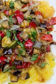 Spaghetti Squash With Roasted Vegetables Two Kooks In The Kitchen Recipe Spagetti Squash Recipes Roasted Vegetable Recipes Veggie Main Dishes