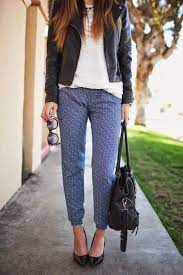 Comfortable And Casual This Track Pants Blouse And Leather Jacket Look Is Great For Weekends Track Pants Outfit Pants Outfit Dressy Outfits