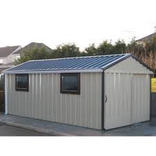 Features two sloping sides that come together at a ridge, creating two end walls with a triangular extension. Steel Outdoor Storage Shed Rs 190 Square Feet I P Enterprises Id 14638131391