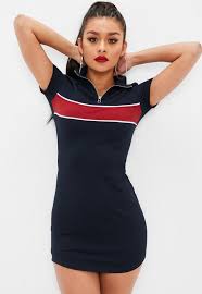 A Dress In A Navy Hue With Polo Style Mini Length And Red Front Stripe Feature Polo Shirt Dress Women Dress Online Polo Dress