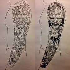 Black And White Koi Fish Tattoo Sleeve Black Ink Samurai Head With Koi Fish And Flowers Tattoo Design For Full Sleeve Tattoo Japanese Style Tattoo Sleeve Designs Japanese Sleeve Tattoos
