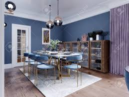 All rooms living room kitchen bedroom dining room bathroom office kids room laundry room game room. Large Dining And Dining Room Table With A Kitchen In A Fashionable Modern Design Wooden Furniture Interior In Brown And Blue 3d Rendering Stock Photo Picture And Royalty Free Image Image 150373110