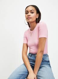 Womens Pale Pink Short Sleeve Ribbed T Shirt