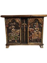 Attractive Spanish Cabinet Featuring Knights And Medieval Carvings On The Fronts And Sides Which Are Brightly Pai Hand Carved Furniture Diy Furniture Furniture