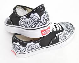 Black And White Custom Vans Slip Ons These Custom Hand Painted One Of A Kind Black Vans Authentic Lace Up Sneakers Feature A Black And White Skull And Painted Shoes Diy Painted Shoes Shoe Artwork