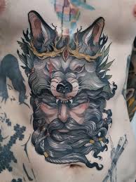 My Man And Wolf Headdress By Evan Yu Private Studio Toronto Wolf Headdress Old Men With Tattoos Winter Tattoo