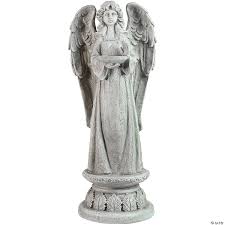 Handcrafted of iron and glass, this candle holder holds 5 mini pillar or votive candles. Northlight 22 5 Gray Standing Religious Angel With Bird Bath Votive Candle Holder Outdoor Garden Statue Oriental Trading