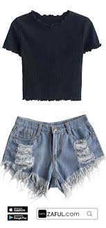 Cropped Flounced T Shirt Frayed Hem Ripped Denim Shorts Layer It Over Everything From Pared Back T Sh Ripped Denim Shorts Outfit Zaful Tops Ripped Denim Shorts