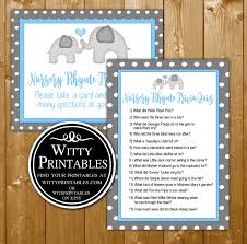 This baby shower game is a perfect cute little filler for . Nursery Rhyme Trivia Quiz Baby Shower Game Printable Blue Elephant Theme For A Boy Baby Shower Wittyprintables