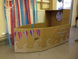 Child S Cardboard Boat Sailor Theme Kids Party Boat Play Area Cardboard Boat Cardboard Crafts Pirate Theme