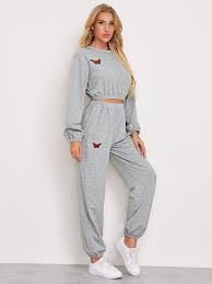 Butterfly Print Crop Sweatshirt Sweatpants Shein Usa In 2020 Jogging Style Crop Sweatshirt Comfy Outfits