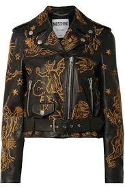 Black Embroidered Leather Biker Jacket Moschino Leather Jacket Leather Biker Jacket Jacket Design