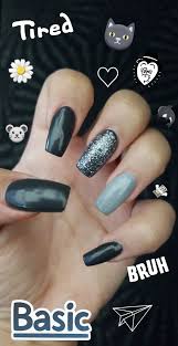 Medium Length Acrylic Black Coffin Nails Designs Dark Gray Light Gray Glitter Medium Length Coffin Shape Unhas