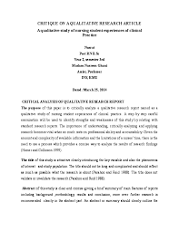 Quantitative research critique 2 abstract the following paper is a critique of the research article, the use of personal digital assistants at the point of care in an undergraduate nursing program (goldsworthy, lawrence, and goodman, 2006). Doc Critique On A Qualitative Research Article A Qualitative Study Of Nursing Student Experiences Of Clinical Practice Nusrat Saeed Academia Edu