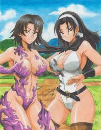 ravernclouk design, kazama jun, unknown (tekken), bandai namco, tekken,  tekken tag tournament 2, absurdres, commission, highres, traditional media,  2022, 2girls, belt, black eyes, black hair, black hood, bodypaint, breasts,  cloud, cloudy sky,