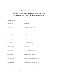 Human Resources Department REPORT OF NON-EXEMPT PERSONNEL CHANGES FOR BOARD  OF EDUCATION