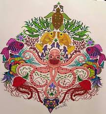 Fantasy mermaid, octopus, fish, sea animals blue contour thin line drawing with ornaments on a white background. Pin On Lost Ocean Page 3 Big Octopus