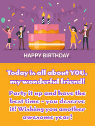 Birthday Wishes For A Great Friend Purple Party Happy Birthday Wish Card For Friend Birthday Greeting Cards By Davia Happy Birthday Wishes Messages Happy Birthday Wishes Birthday Wishes For Friend