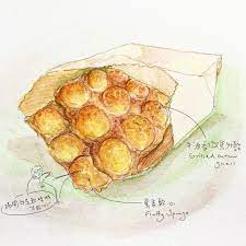 howllustration on instagram 炭燒雞蛋仔wood fired egg waffle 每一家雞蛋仔的味道都有點分別可能是因為外殻的脆度 軟軟的內餡可能是因為蛋香 牛油香 炭燒香可能是因為一起分 food art food painting watercolor food