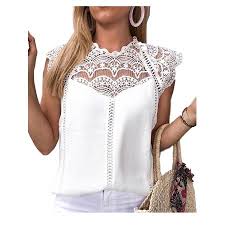 Maraso Women Summer Sleeveless Solid Color Hollow Lace Splicing Chiffon Blouse Tops