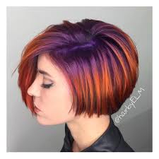 We Are Loving This Short Haircut With Its Bright Purple To Violet Base Melted Into A Fiery Copper Red Co Short Hair Styles Hair Styles Short Hair With Layers