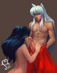 1boy 1girls abs animal ears bare shoulders black hair blue hair  blush bottomless brown background color colored cum dark hair demon dog  ears female inuyasha inuyasha (character) kagome higurashi