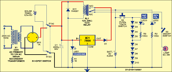 Solar panel output voltage is directly fed into lm317 positive regulator circuit and it is adjusted to give 12 volt output and battery connected to this bias through (3a, 50v) schottky diode. Solar Lighting System Detailed Circuit Diagram Available