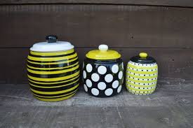 Black And White Striped Kitchen Canisters Set Of 3 Ceramic Kitchen Canisters Black White And Chartreuse Stripes And Polka Dots Xl L M Ready To Ship Ceramic Kitchen Canisters Ceramic Kitchen Kitchen Canisters