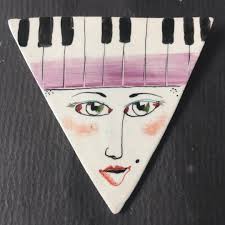 Ear Heads FRED BABB Pin Piano Keyboard Music Pop Art Face Porcelain Clay  1980s