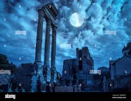 Roman Forum at night, Rome, Italy. Mystery creepy view of Ancient ruins in  full moon. Spooky dark scene with old destroyed houses in Rome center in tw  Stock Photo - Alamy