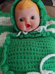 Vintage Handcrafted Crocheted Body & Blanket Baby Doll green/white